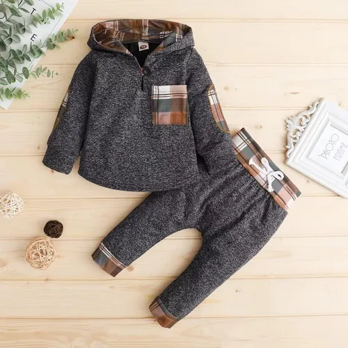 Miniatura 2 de Ropa de bebé para niños pequeños, traje de otoño e invierno, manga larga, bolsillo a cuadros, sudadera con capucha + pantalones, 2 piezas