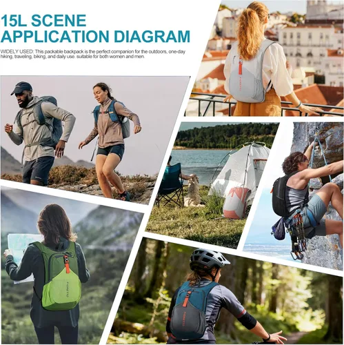 Miniatura 8 de FIORETTO Mochila de senderismo de 15L para mujeres y hombres, mochila mini plegable, mochila ligera pequeña para acampar, viajar, actividades al