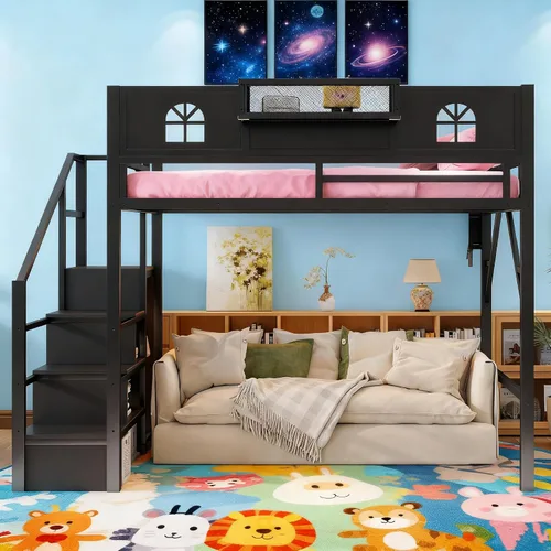 Miniatura 3 de SOFTSEA Cama tipo loft de metal completo con escaleras y armario, cama alta para niños con barandillas en forma de casa y estantes de Negro