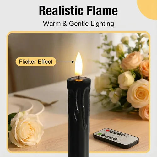 Miniatura 5 de Eywamage Velas cónicas sin llama de cera negra con control remoto, velas LED parpadeantes de cera que funcionan con pilas, juego de 6