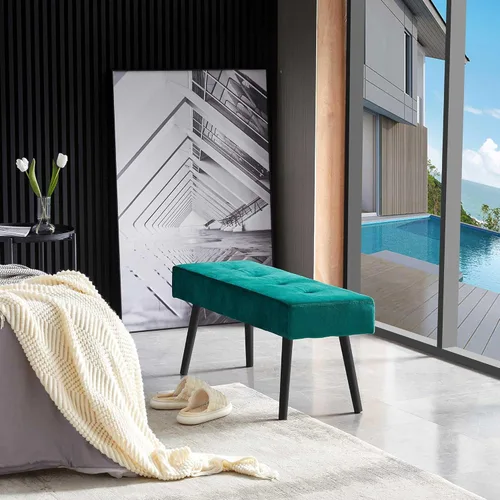 Miniatura 6 de Homedot Banco para entrada, banco de comedor tapizado sin brazos, elegante banco de terciopelo para sala de estar, copetudo con patas de metal