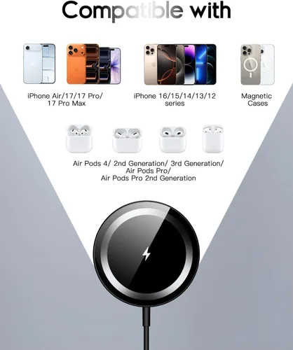 Miniatura 3 de Cargador inalámbrico magnético para iPhone 17/17 Pro/17 Pro Max/Air/16/15/14/13/12, almohadilla de carga segura para AirPods Pro 3 2 (negro)