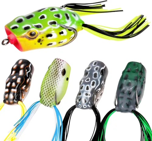 Miniatura 7 de RUNCL Topwater - Señuelos de rana – 5 piezas de cebos de silicona duraderos y realistas para agua dulce y salada, señuelos flotantes realistas