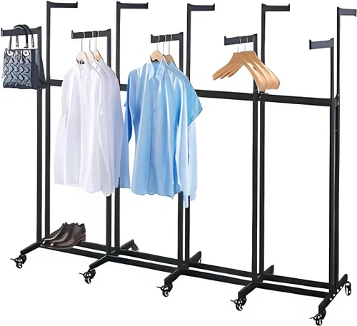 Miniatura 9 de Perchero de pie de metal para ropa - Estantes de exhibición resistentes para uso comercial con ruedas, perchero de ropa de 6 brazos, perchas