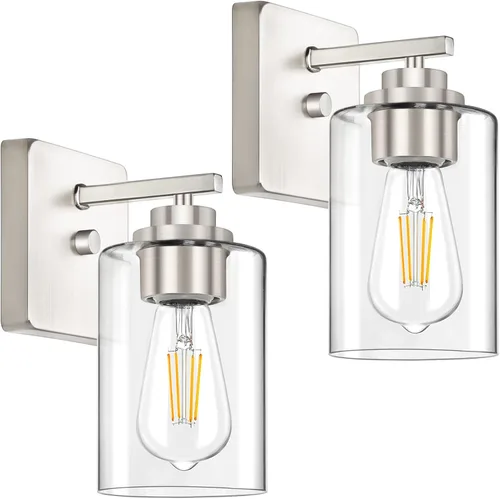 Miniatura 30 de Lámparas de baño de 3 luces, 19 pulgadas, modernas luces de tocador sobre espejo con pantallas de vidrio transparente, accesorio de luz marrón