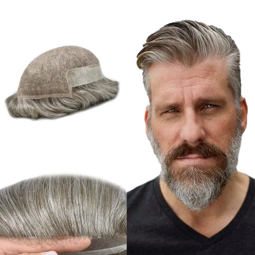 Miniatura 87 de Sistema de repuesto de cabello humano europeo con encaje frontal suizo para hombre, tupé para hombre, pieza de cabello, nudo blanqueado, línea #17