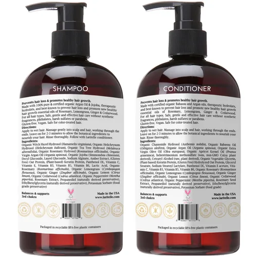 Miniatura 8 de Laritelle Juego de crecimiento orgánico del cabello Champú de 17 onzas + acondicionador de 16 onzas + tratamiento de pérdida de cabello 4 onzas