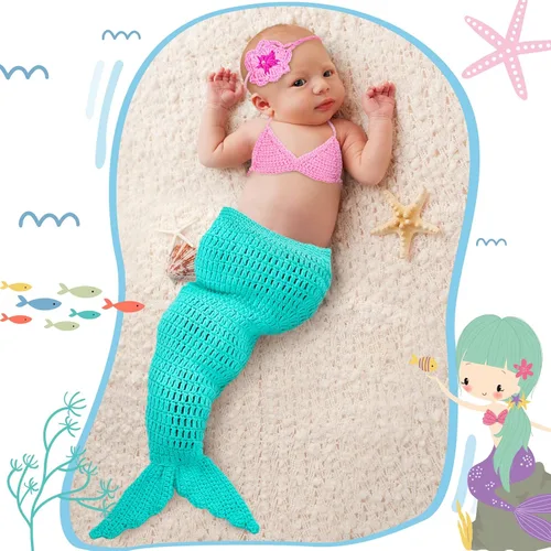 Miniatura 7 de Janmercy Trajes de fotografía para niña recién nacida, accesorios para fotos de bebé, traje de ganchillo hecho a mano, lindo disfraz de foto (sirena)