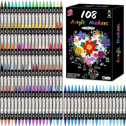 TBC The Best Crafts Marcadores de pintura acrílica de doble punta de 108 colores, impermeables, no tóxicos, inodoros, adecuados para papel,
