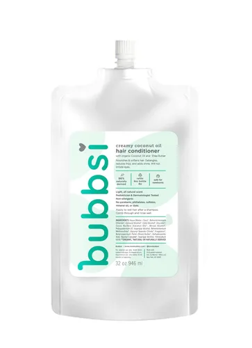 Bubbsi Acondicionador cremoso de aceite de coco para niños, bebé, aroma natural ligero, no irrita los ojos, aceite de coco orgánico + karité, sin