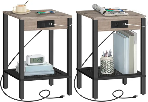 Miniatura 10 de HOOBRO Mesa auxiliar con estación de carga, mesa auxiliar con puertos USB y tomacorriente, mesita de noche con estante de almacenamiento de 2 Negro