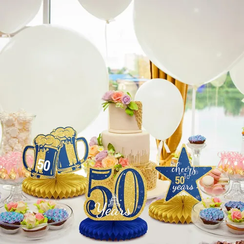 Miniatura 3 de Spakon 8 Piezas Decoraciones de Mesa Centros de Mesa de Panal con Purpurina Adornos de Mesa Decoraciones de Fiesta para Hombres y Mujeres Azul dorado