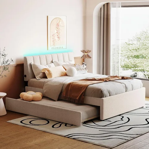 Cama de plataforma tapizada de tamaño matrimonial con nido, cama con plataforma tapizada de vellón de peluche con soporte de listones de madera,