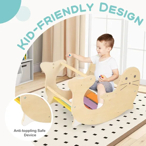 Miniatura 5 de Olakids Arco de escalada para niños pequeños, 3 en 1 de madera para niños, juguete de caballo mecedor escalador, mesa de juego para bebé, Pikler