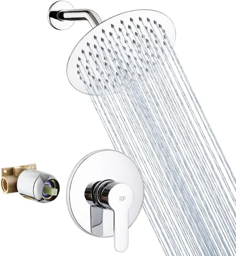 Miniatura 9 de Juego de grifo de ducha dorado cepillado de 10 pulgadas, cabezal de ducha de lluvia redondo y mango, sistema de ducha de lluvia para baño, accesorio