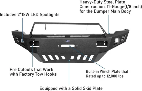 Miniatura 5 de u-Box Parachoques delantero Ram 3500 de ancho completo 2016 con placa de cabrestante y placa de deslizamiento fuerte y luces LED compatibles