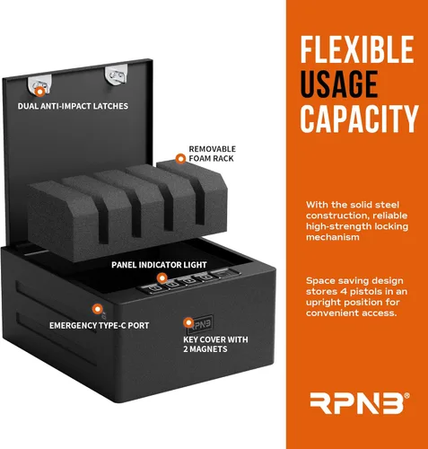 Miniatura 4 de RPNB Caja fuerte para armas, caja fuerte biométrica para pistola, 4 pistolas de alta capacidad con teclado digital, huella dactilar biométrica
