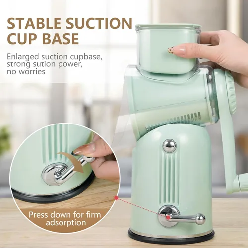 Miniatura 3 de Rallador rotativo de queso con mango triturador de verduras con 5 cuchillas intercambiables, rebanador y picador de alimentos de cocina con base