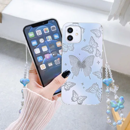 Miniatura 4 de Abbery - Funda diseñada para iPhone 12/12 Pro con purpurina, transparente y linda con diseño de mariposa, correa para la muñeca, brillante