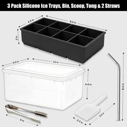 Miniatura 7 de Bandeja grande de silicona para cubitos de hielo, paquete de 3 bandejas para 8 cubos cuadrados con cubo grande, cuchara, pinza y 2 pajitas SS, molde
