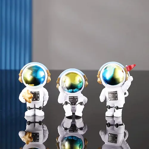 Miniatura 4 de Juego de 4 estatuas de astronauta blancas plateadas, esculturas de astronauta, figuras de astronauta, decoración temática espacial para habitación