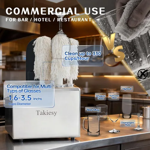 Miniatura 4 de Máquina pulidora de vidrio comercial con 6 cepillos de microfibra, 330 tazas/hora, secado al aire caliente a 136 ℉ y cabezales certificados LFGB