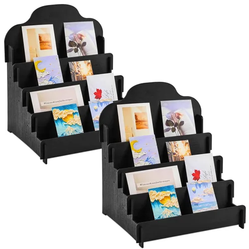 Barydat - Soporte de exhibición para tarjetas de felicitación de 2 piezas con 4 niveles, soporte de exhibición de etiquetas adhesivas de madera,