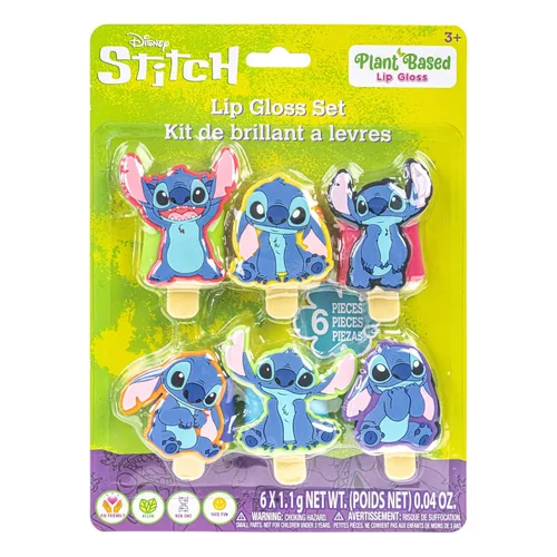 Disney Stitch - Juego de 6 brillos de labios Flip-Top Ice Pop, brillo de labios a base de plantas con forma de puntada coleccionable, kit de