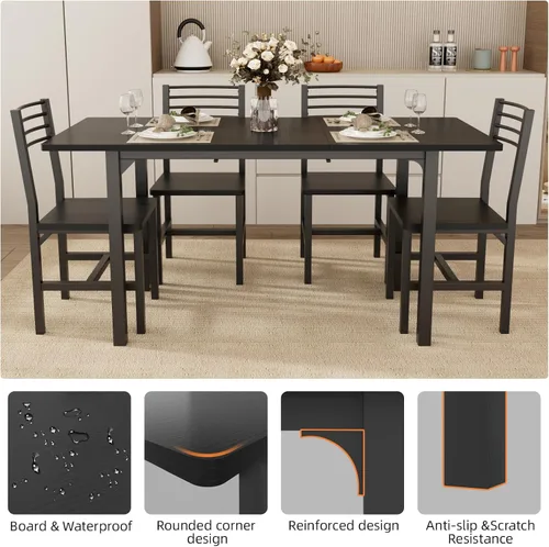 Miniatura 5 de VOWNER Juego de mesa de comedor extensible de 63 pulgadas para 4-6 personas, juego de mesa de comedor de 5 piezas para 4 personas con 4 sillas