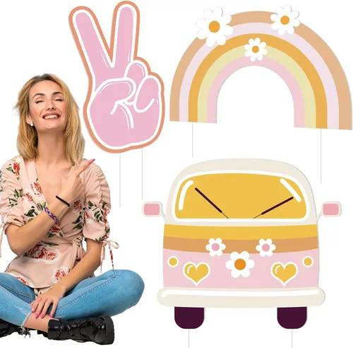 Miniatura 7 de Soulchen 3 piezas 60 cm gran decoración de fiesta hippie con foto de estudio retro groovy cartel de cumpleaños boho bus letrero de paz mano arco