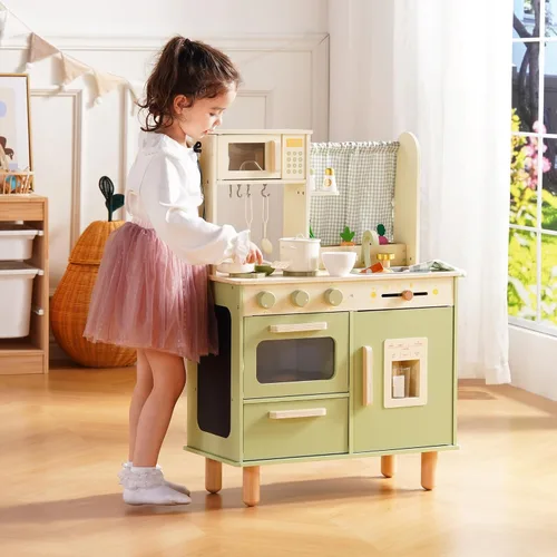 Miniatura 2 de ROBUD Juego de cocina de madera, cocina de juego de simulación para niños, cocina de juguete con microondas, fregadero, estufa y máquina de hielo