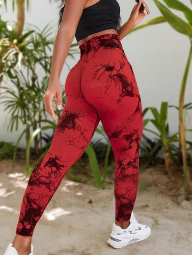 Miniatura 5 de Rugkey Leggings de yoga de 3 piezas para mujer, cintura alta, teñido anudado, sin costuras, con levantamiento de glúteos, pantalones atléticos
