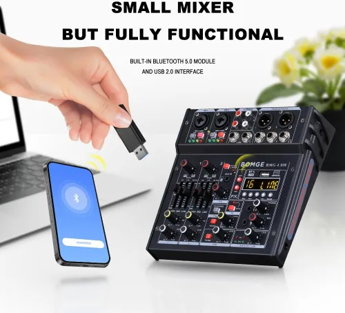 Miniatura 8 de BOMGE Mezclador de audio 04M, consola de mezcla de tablero de sonido con 4 canales USB digital Bluetooth 24 efectos de sonido, entrada 48V Phantom