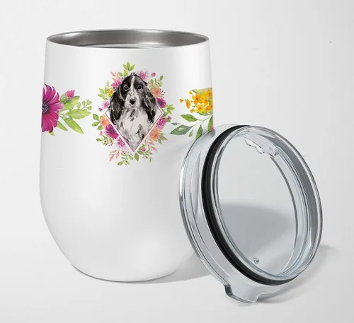 Miniatura 111 de Caroline's Treasures CK4110TBL12 Afghan Hound Pink Flowers - Vaso de vino aislado de acero inoxidable de 12 onzas con tapa, bonita taza de viaje