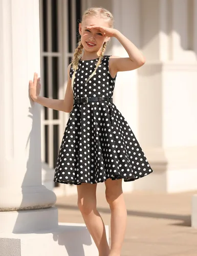 Miniatura 2 de Funnycokid Vestidos de los años 50 para niñas, vestido retro vintage, sin mangas, traje de fiesta con cinturón para niños de 6 a 13 años