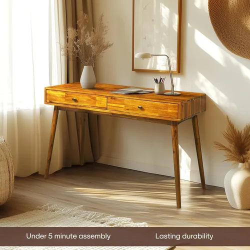Miniatura 6 de Acacia Lagom - Escritorio de trabajo de madera maciza de 48 pulgadas con cajones, muebles de oficina, mesa de trabajo de estilo escandinavo