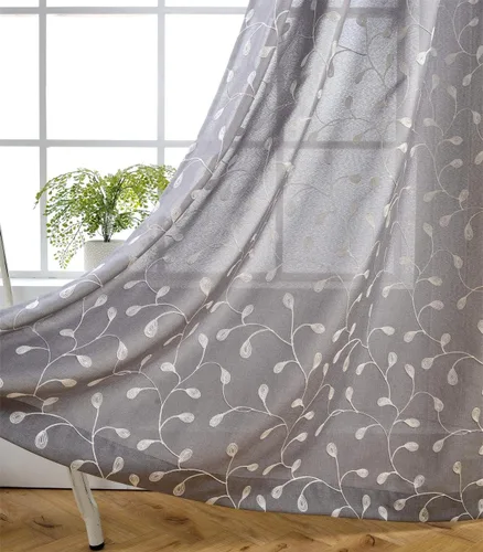 Miniatura 16 de Miuco - Cortinas con ojales de lino sintético, semitransparentes, bordadas con flores, para sala de estar Blanco puro