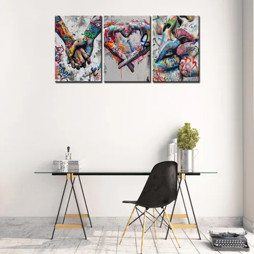 Miniatura 3 de Banksy Street Art Graffiti Imágenes a mano, pinturas de amor con corazón, arte de beso romántico para sala de estar, regalo, 3 piezas, lienzo