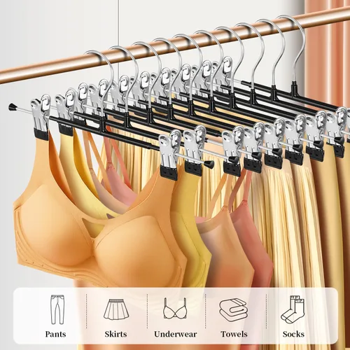 Miniatura 5 de Paquete de 10 perchas resistentes de 12 pulgadas para faldas y pantalones con clips, perchas de metal para pantalones de mezclilla, color negro