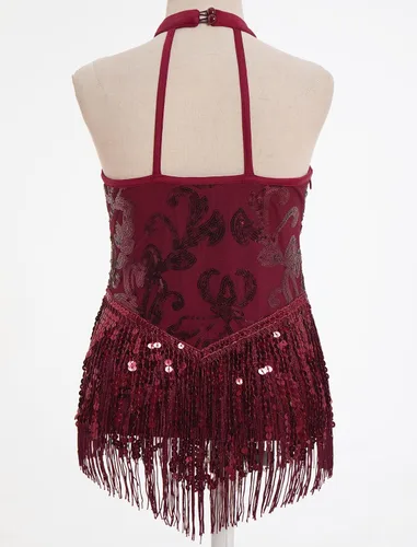 Miniatura 2 de IBAKOM Body de lentejuelas brillantes con flecos y cuello halter en V, leotardo de gimnasia para niños, espalda abierta, jazz latino, hip hop