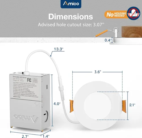 Miniatura 6 de Amico Paquete de 12 luces LED empotrables ultrafinas de 3 pulgadas 5CCT con caja de conexiones, 2700K/3000K/3500K/4000K/5000K seleccionable, 7W Eqv
