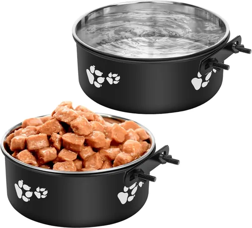 Cuencos de agua para perreras antiderrames, paquete de 2 cuencos de acero inoxidable para comida y agua para jaula de perrera, cuencos colgantes
