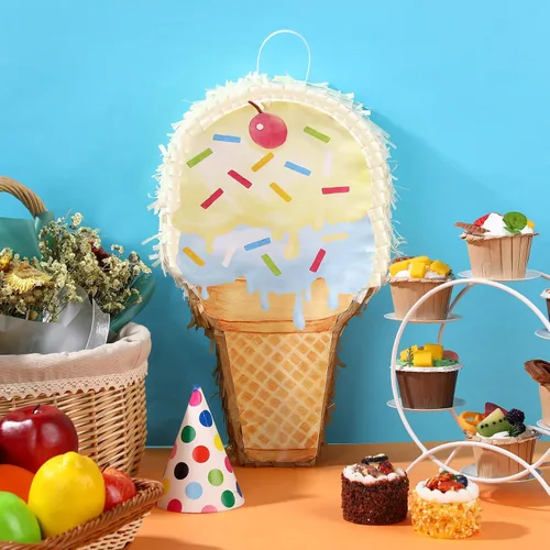 Miniatura 4 de Piñata de helado de 15.8 x 9.5 pulgadas, piñata en forma de cono de helado con barra para fiesta de cumpleaños, fiesta de dulces de verano, baby
