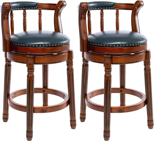 Miniatura 10 de RAINMOOD Juego de 2 taburetes de bar, taburete tapizado de cuero de grano completo, silla de bar negra con respaldo, patas de madera maciza