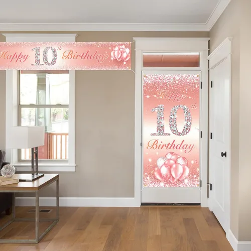 Miniatura 6 de Juego de carteles largos de feliz cumpleaños 10 para puerta, porche, decoración de cumpleaños de 10 años para niñas, suministros de fiesta