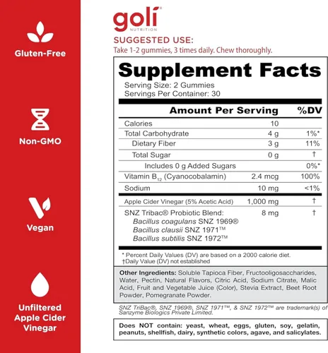 Miniatura 5 de Goli Gomitas de vinagre de sidra de manzana sin azúcar, ACV con vitamina B12 y probióticos, sin alcoholes de azúcar, veganas, aptas para dieta