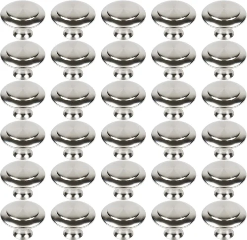 Paquete de 30 pomos de gabinete de cocina, manijas plateadas cepilladas, pomos de cajón para cajón de puerta de armario con tornillos largos y cortos