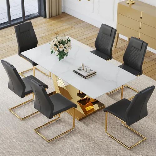 Miniatura 28 de Juego de mesa de comedor para 4, mesa de comedor de mármol sintético de 63 pulgadas con patas y base de acero inoxidable, sillas acolchadas