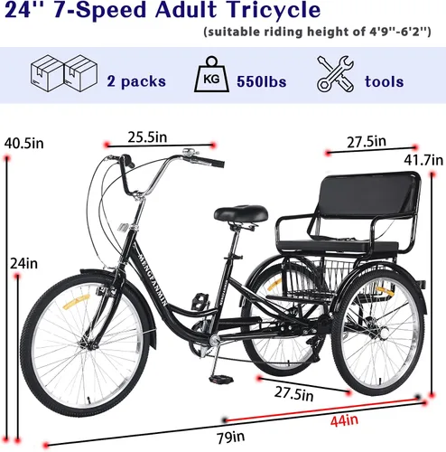 Miniatura 3 de Triciclo para adultos de 7 velocidades, triciclo para adultos con asiento trasero para damas, bicicletas de 3 ruedas de 24 pulgadas, triciclo