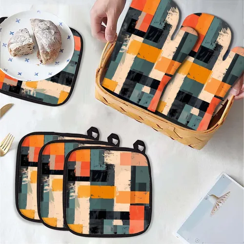 Miniatura 7 de MCALK Juego de 5 manoplas de horno y soportes para ollas, guantes abstractos para horno y almohadillas calientes para cocina de cocina, manoplas